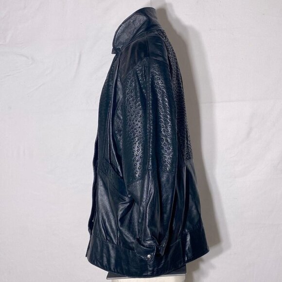 Vintage Oscar Leopold Black Animal Print Oversized 90s Leather Jacket L - Picture 5 of 15
